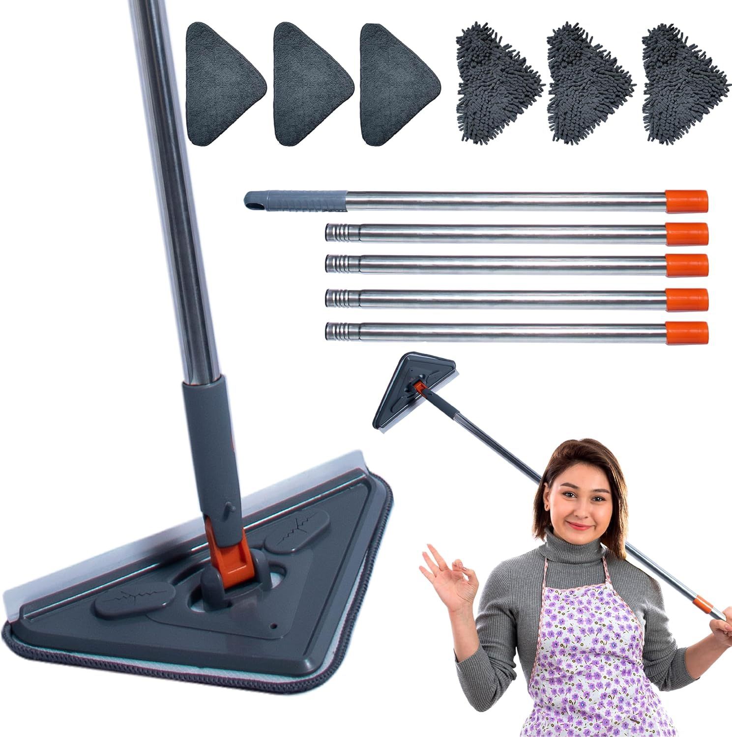 TOMYBUST Wall Mop Cleaner w/ Long Handle, 85" 360ª Rotating Mop, Microfiber & Chenille Pads (NEW)