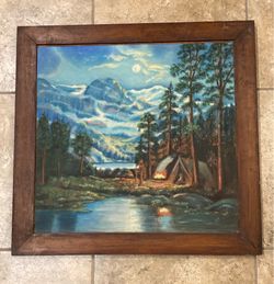 Framed Painting of Mountains, Trees & Campsite (26 1/4” Wide x 25 1/2” Tall)
