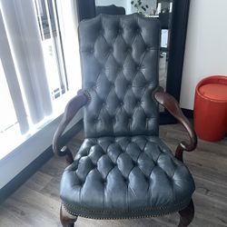 Vintage Blue And Brass Studded Lounge Chair With Real Carved Wood Legs And Armrest 