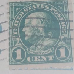 One Green Franklyn 1cent Stamp With Name On Bottom Of Stamp Posted 1929
