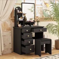 Vanity Set with LED Lighted Mirror, Vanity Dressing Table with 5 Drawers & Shelves, Makeup Desk with Cushioned Stool for Bedroom, Black