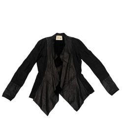 ILLIA Women 8 Black Leather Modal Open Front Cardigan Layer Jacket Long Sleeve
