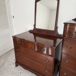 Antique Mahogany Inlay Dresser With Mirror And Chest 