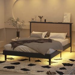 Queen Size Metal Bed Frame with Rattan Headboard, Metal Platform Bed Frame RGB Led Lights with Charging Station