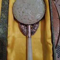 Vintage Hand Carved Nephrite Jade  Hand Mirror