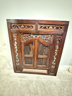 Early 1900s Anglo-Indian Style Wall Mirror Concealed Behind Hand-Carved Teak Double Door Shutters