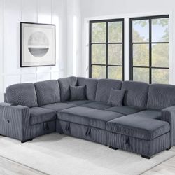 Brand New Grey Corduroy Sectional Sofa Storage Sleeper 