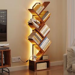 6 Tier Tree Bookshelf with LED Bookcase Tower Tall Floor Standing Organizer Storage Cabinet Brown