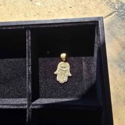 3Ct CZ Hamsa Hand Of Fatima 10k Yellow Gold Pendant