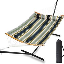 Outdoor Hammock with Stand, Heavy Duty 2-Person Hammock with Curved Bamboo Poles, Detachable Pillow, Blue and Aqua