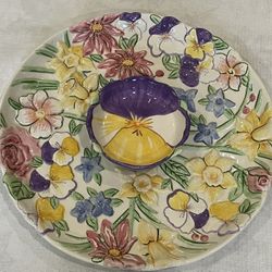 Vintage Harry & David ceramic serving platter with an attached floral dip bowl. 13”