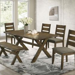 New Solid Wood Dining Set With Table Four Chairs And Bench On Sale Now