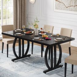 Dining Table for 6 People, 63" Rectangle Kitchen Table with Metal Frame, Modern Dinner Table for Home, Dining Room, Black