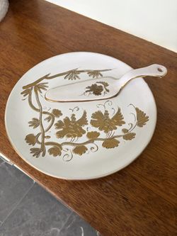 Vintage Italian White & Gold Grapevine Cake Plate and Matching Server Set
