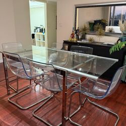 Modern Glass Dining Table with 6 Acrylic Chairs