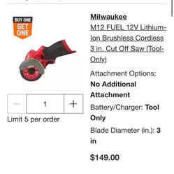 Milwaukee M12 3in Cutoff Saw Cordless. Tool Only.