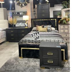 Black  / Gold  4 Piece Queen Size Bedroom Set  ( Included Bed Frame , Dresser ,Mirror ,Nightstand )