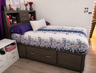 Full sized mattress bed frame and side table