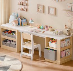 Kids Desk and Chair Set, 66.9" Wooden Double Study Desk for 2 Kids w/h Storage Shelves, 5 Fabric Bins & Side Book Rack, Long Toddler Craft Activity Ta