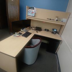 2 L Shaped Desk With Hutch And Light, 2 Bookcases, 2 Filing Cabinets, 1 Rolling Filing Cabinet 