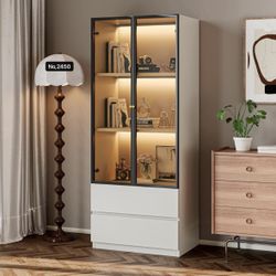 Modern Lighted Glass Display Cabinet with Two Drawers, Dining China Hutch with 3 Tiers Storage Shelves, Wooden Curio Display Showcase for Living Room 