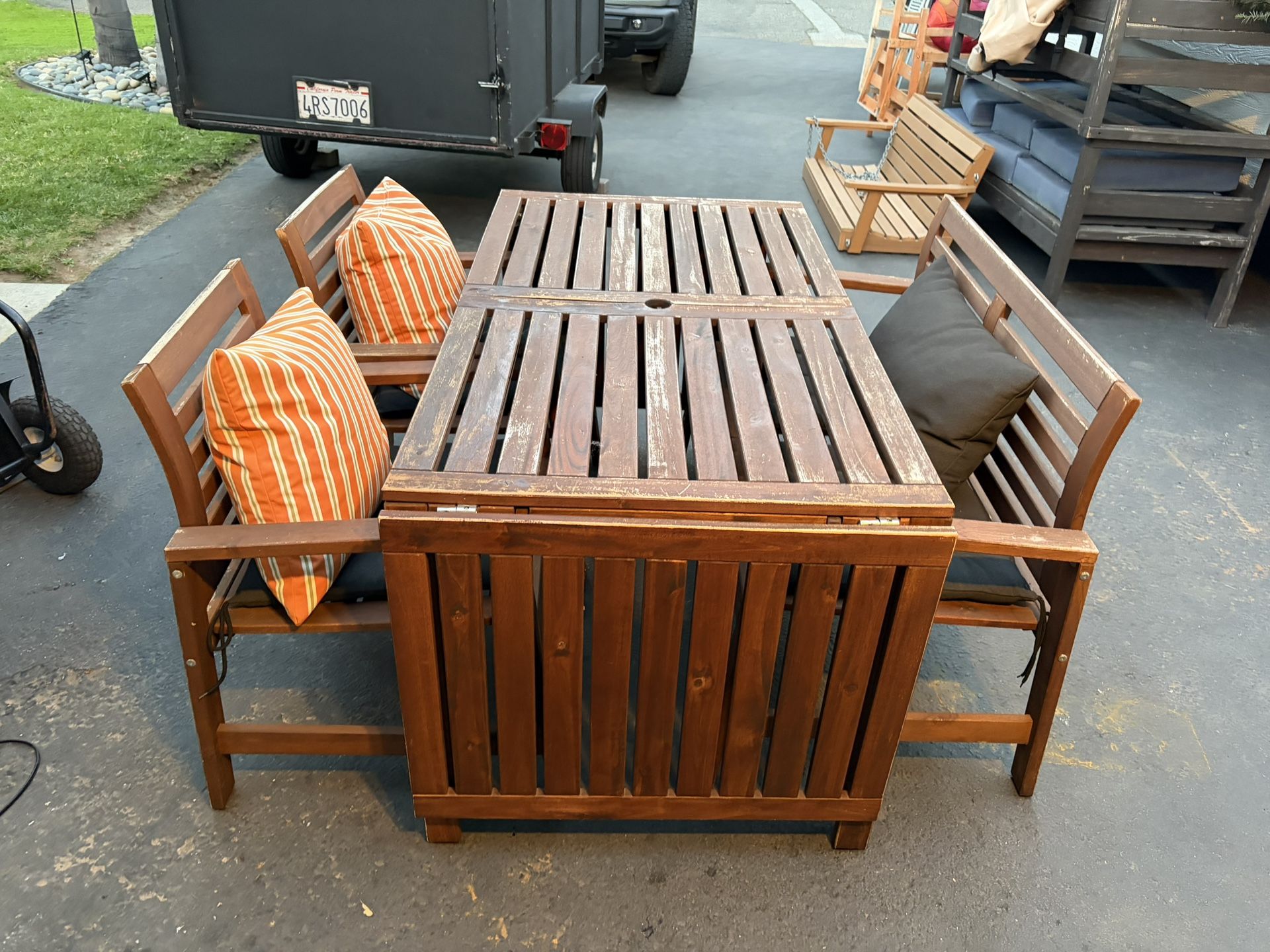 IKEA Outdoor Patio Wood Dining Set w/ Bench, 2 Chairs, Cushions And Cover