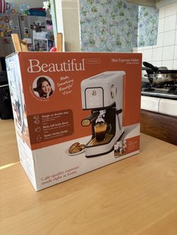 Beautiful Slim Espresso Machine with 20- Bar pressure. White icing by Drew Barrymore