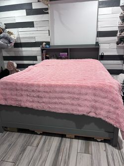 Gray Full/Queen Bed Frame with Bookcase Headboard