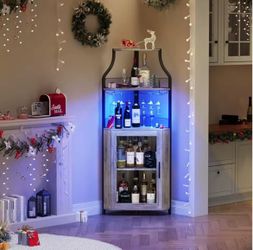 Corner Bar Cabinet Freestanding 5-Tier Wine & Spirits Rack with LED Lights Adjustable Shelves Glass Holder & Mesh Doors for Bar