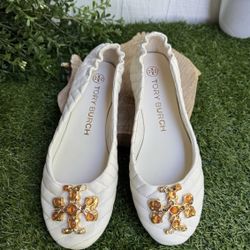 TORY BURCH Queen's Day QUILTED Sheepskin BALLET Flats in NEW IVORY Women's Sz 7