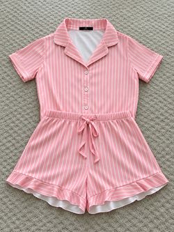 Pink & White Striped Ruffle Pajama Set – Short Sleeve & Shorts (S)