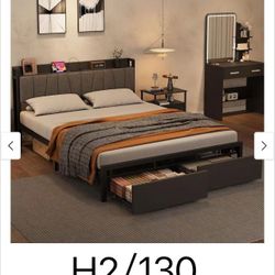 Queen Size Bed Frame with Storage Headboard, Industrial Full Platform Bed with 2 Large Drawer H2