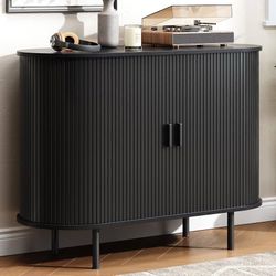 Assembled Buffet Cabinet with Storage, Fluted Buffet Sideboard (40"/Black) Buffet Sideboard with Sliding Door, Coffee Bar Cabinet with Adjustable She