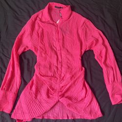 PrettyLittleThing hot pink textured button-up dress