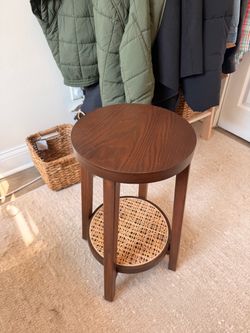 Round Wood Side Table with Cane Shelf