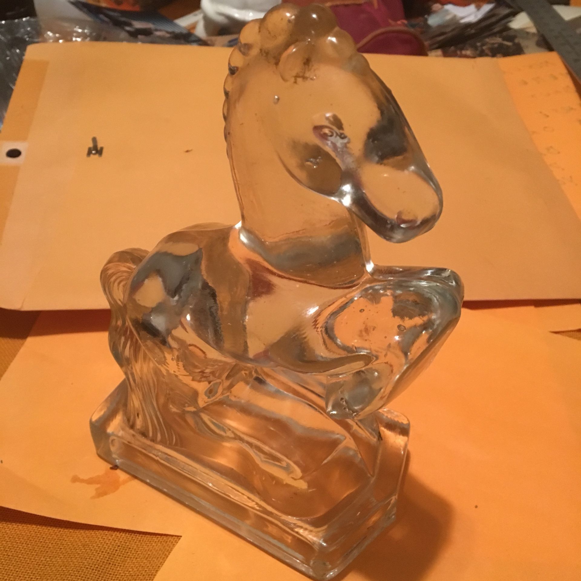 Two heavy glass horse bookends 8” tall