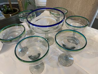 7 Hand Blown Margarita Glasses - Turquoise RIm