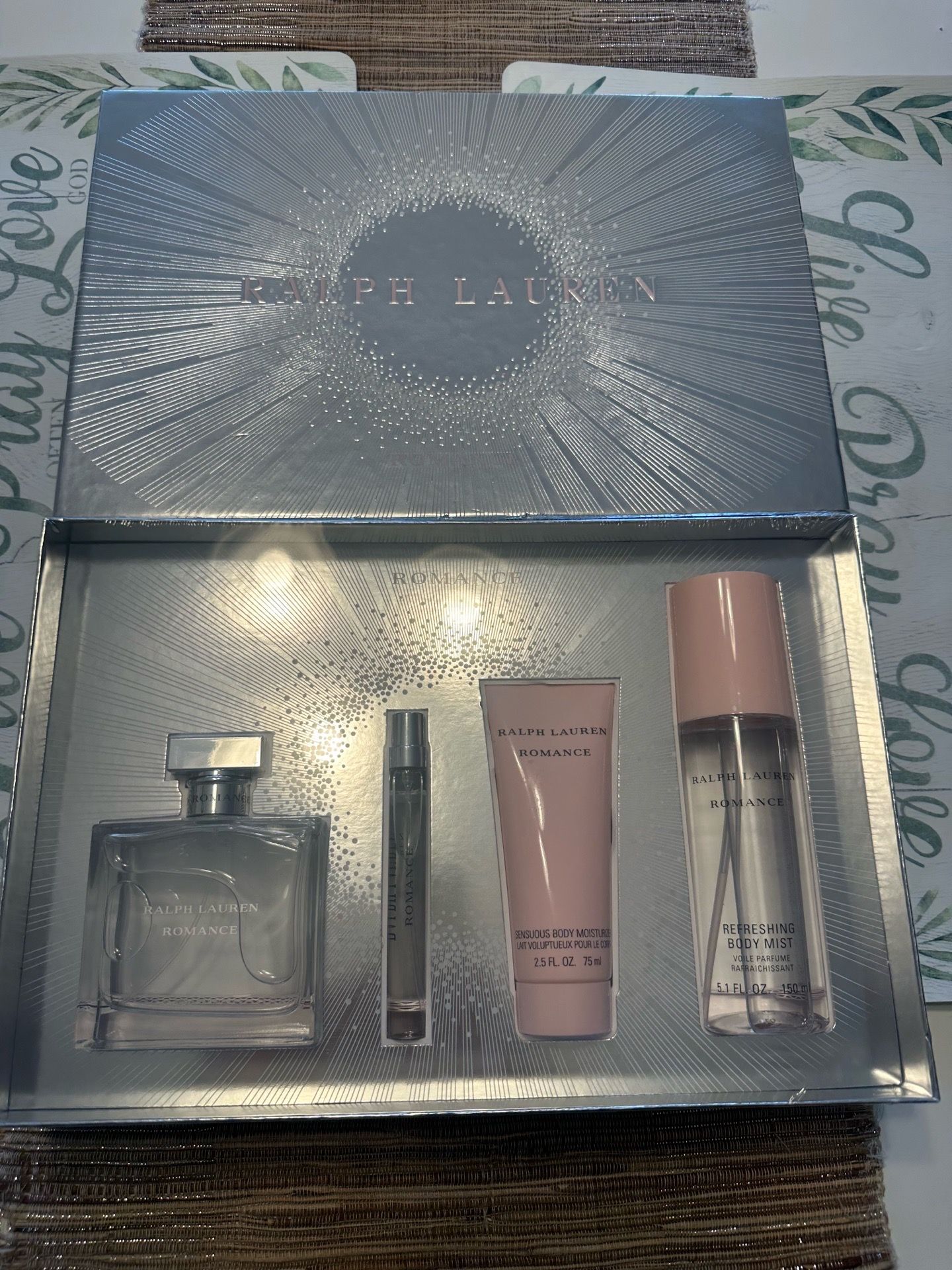 Ralph Lauren Romance fragrance set. This silver gift box includes a 3.4 fl oz Eau de Parfum spray, a 0.34 fl oz travel spray, a 2.5 fl oz sensuous bod