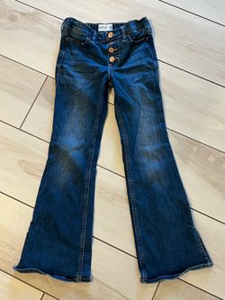 Abercrombie & Fitch High Rise Flare Jeans Elastic Waist Blue Faux Button Fly Girls 9/10