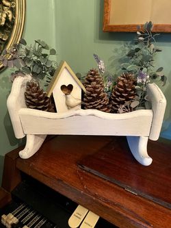 White Distressed Wood Decorative Tray with Birdhouse