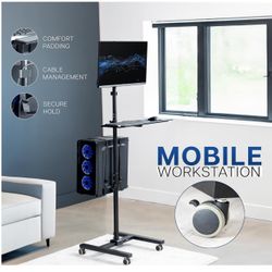 Mobile Computer Cart with Monitor Mount for up to 32” Screens, Rolling PC Desk Workstation