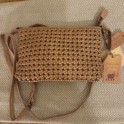 892-ARTT New Light Brown Woven Made In India Crossbody Purse Genuine Leather NWT