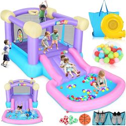 Inflatable Bounce House for Kids 3-6 with Water Slide Ball Pit Pool & 50 Ocean Balls, 5 in 1 Bouncy Castle w/ 6 Sticky Ball Dart Board Game, Basketbal