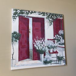 Red Door White Flowers Floral Canvas Wall Art Painting 
