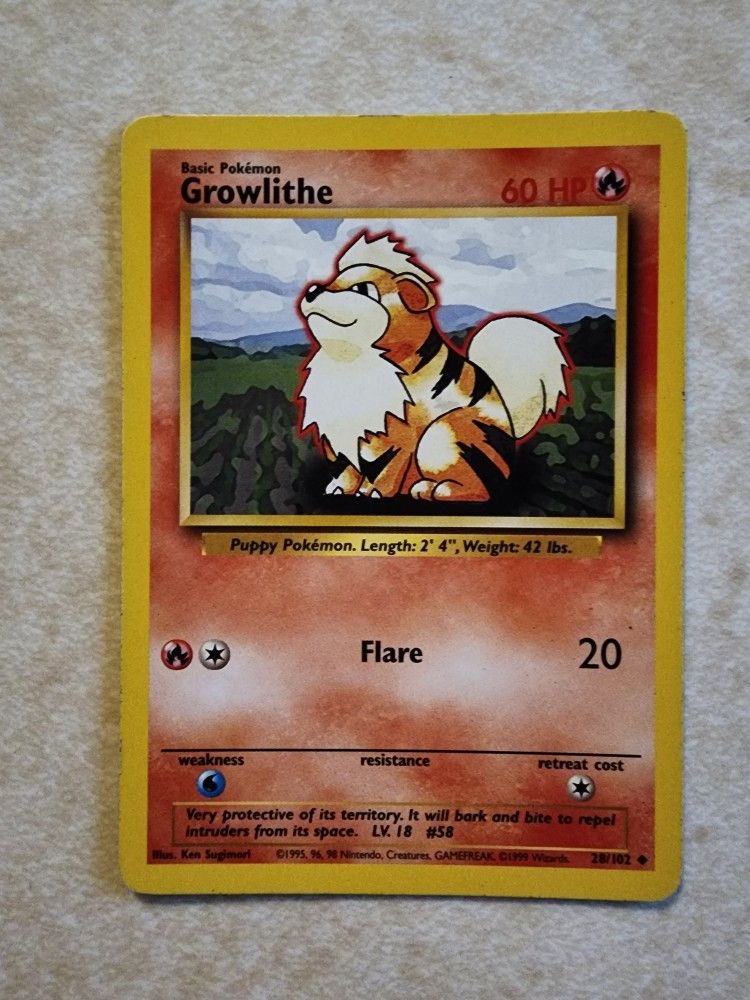 Vintage Pokemon Shadowless Growlithe 28/102