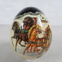 Russian Hand Painted Winter Scenery Vtg Lacquered Wooden Egg Signed

