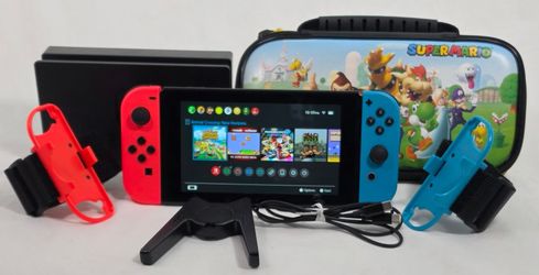 Nintendo Switch V2 32GB Neon Red Blue Joy-Con Dock Mario Case Bundle