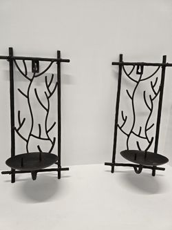 Pair of Wrought Iron Wall Candle Sconces – Rustic Tree Branch Design
