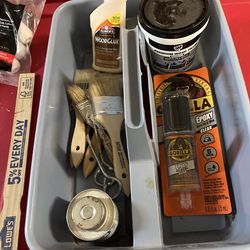 Paint tools-rollers-tarps-brushes-pans-tapes-pail and more