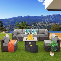 NEW🔥Outdoor Patio Furniture 7 Pc Brown Wicker Grey 5” cushions 30" Firepit w/covers ASSEMBLED